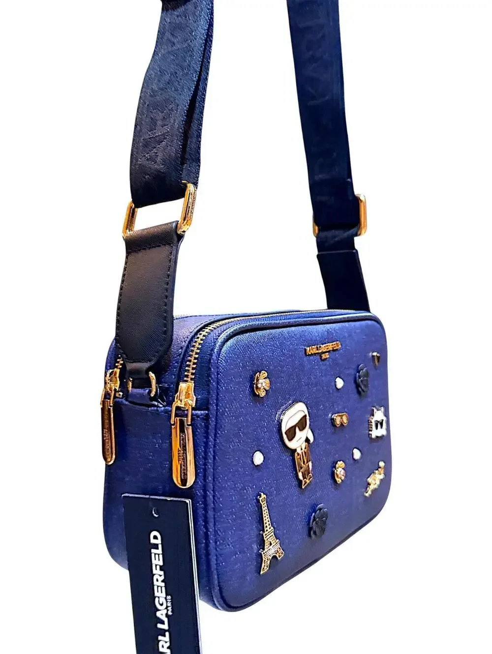 Karl Lagerfeld Denim Blue Crossbody Bag with Decorative Pins